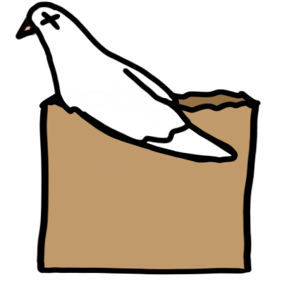  a white dove with an 'x' for an eye sticking partly out of a brown paper bag.